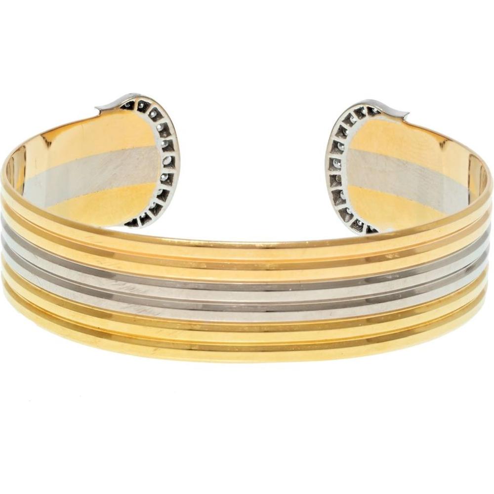 18K Tri-Color Gold Cartier Cuff Bracelet with Double C Diamond Ends - 0.61 Carat Total Diamond Weight