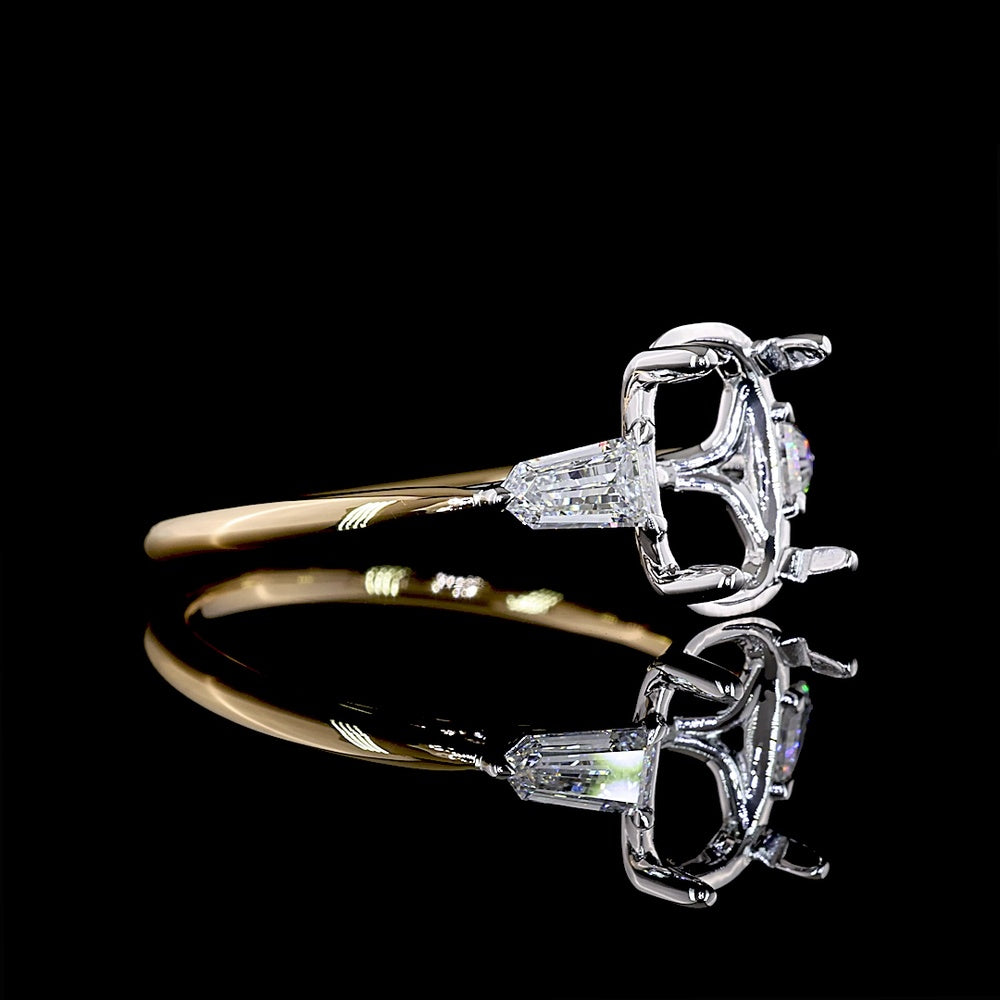 18K Two Tone 3 Stone Ring with 4.00 Carat Antique Cushion Cut Lab Diamond & 0.74 Carat Bullet Cut Lab Diamonds - 4.74 Carat Total Weight - Covaloro Fine Jewelry
