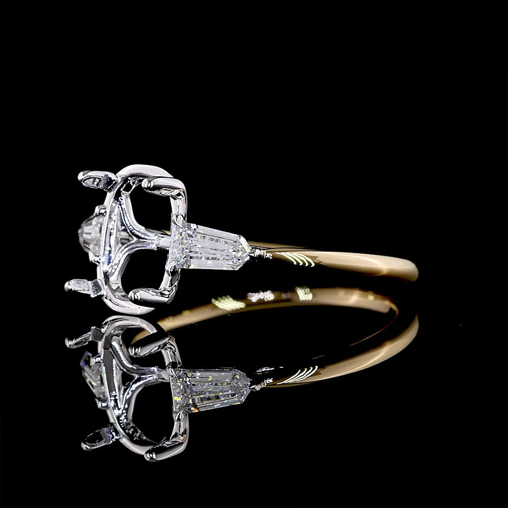 18K Two Tone 3 Stone Ring with 4.00 Carat Antique Cushion Cut Lab Diamond & 0.74 Carat Bullet Cut Lab Diamonds - 4.74 Carat Total Weight - Covaloro Fine Jewelry