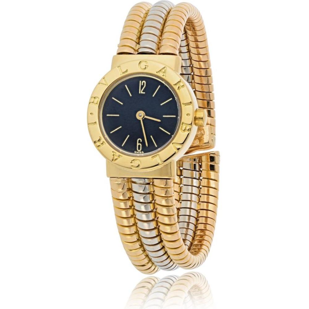 18K Two-Tone Bvlgari Tubogas Cuff Watch with Black Dial - 64.2 Gram Coiled Bracelet Design