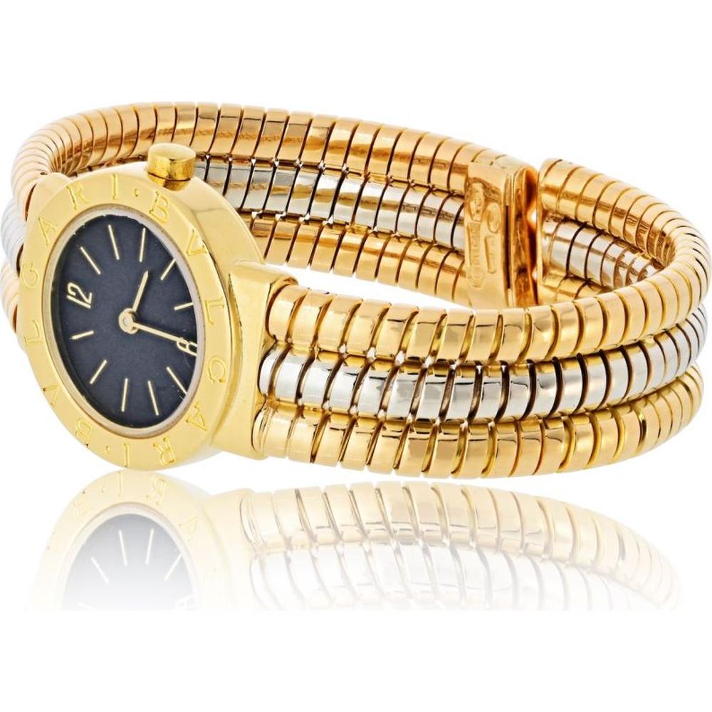 18K Two-Tone Bvlgari Tubogas Cuff Watch with Black Dial - 64.2 Gram Coiled Bracelet Design