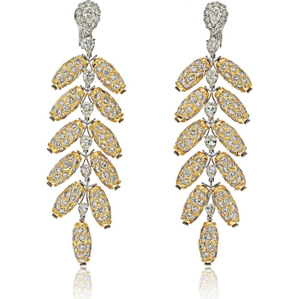 18K Two Tone Diamond Feather Dangling Earrings - 48.00 Total Carat Weight Diamonds