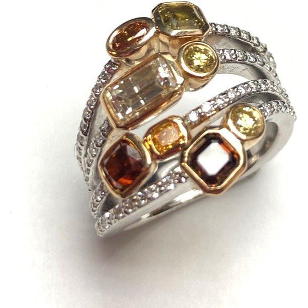 18K Two Tone Gold Free Form Fashion Ring with Bezel Set Fancy Yellow and White Diamonds - 2.91 Carat Total Diamond Weight by Auriventus