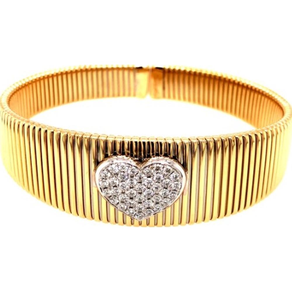 18K Two-Tone Gold Ribbed Bangle Bracelet with Heart-Shaped Diamond Motif by Afarin
