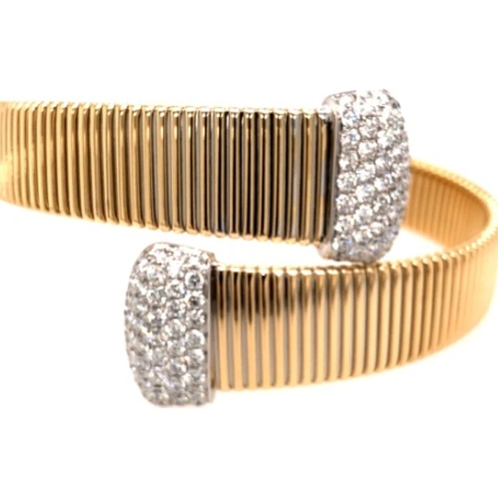 18K Two-Tone Gold Ribbed Open Bangle Bracelet with Diamond Pavé Ends by Afarin