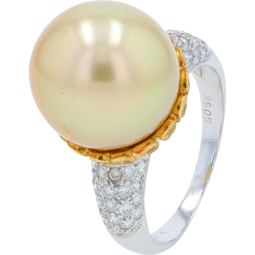 18K Two-Tone Gold Ring with 12.5mm Pearl, 0.65 Carat Yellow Sapphire Accents, and 0.56 Carat Pave Set Diamonds - Size 6.75