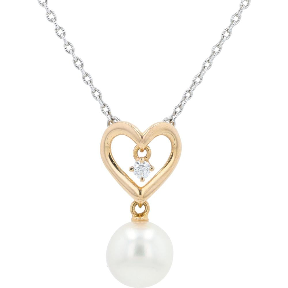 18K Two-Tone Mikimoto Pendant Necklace with 7.2mm Akoya Pearl and 0.03 Carat Round Diamond