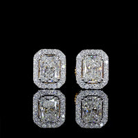 18K Two Tone Radiant Cut Lab Diamond Halo Stud Earrings with E VS Clarity - 1.31 Carat Total Diamond Weight - Covaloro Fine Jewelry