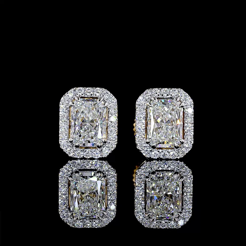 18K Two Tone Radiant Cut Lab Diamond Halo Stud Earrings with E VS Clarity - 1.31 Carat Total Diamond Weight - Covaloro Fine Jewelry