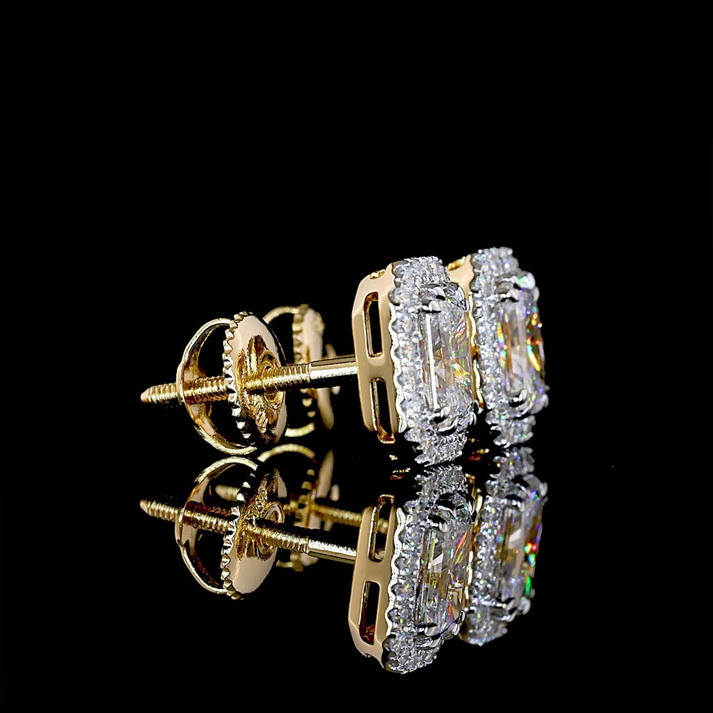 18K Two Tone Radiant Cut Lab Diamond Halo Stud Earrings with E VS Clarity - 1.31 Carat Total Diamond Weight - Covaloro Fine Jewelry