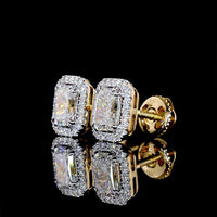 18K Two Tone Radiant Cut Lab Diamond Halo Stud Earrings with E VS Clarity - 1.31 Carat Total Diamond Weight - Covaloro Fine Jewelry
