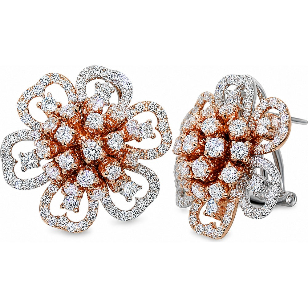 18K Two-Tone Rose and White Gold Floral Earrings with Round Brilliant Diamonds - 2.74 Carat Total Diamond Weight by Auriventus