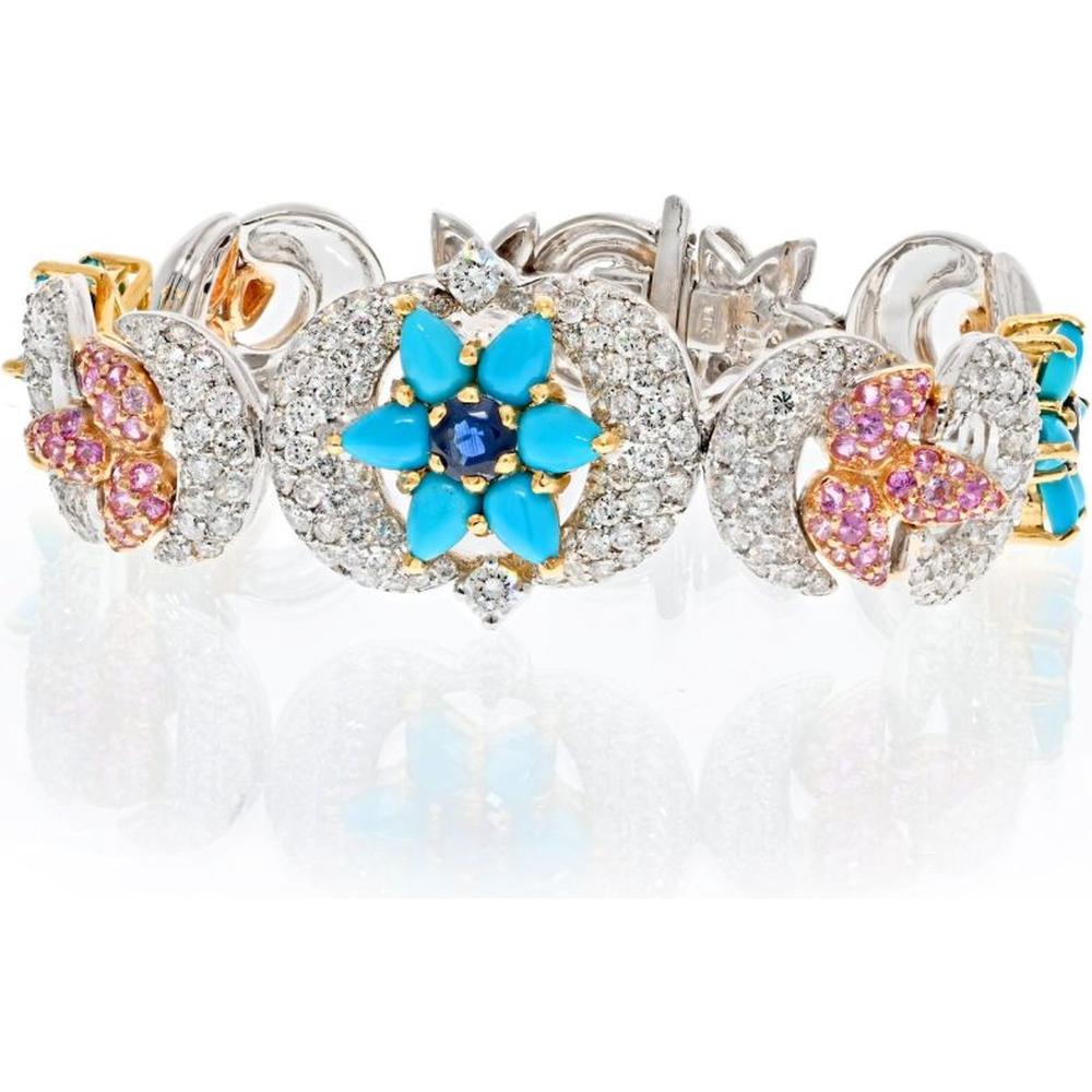 18K Two Tone Turquoise Diamond Flower Moon Bracelet - Exquisite Garden Elegance