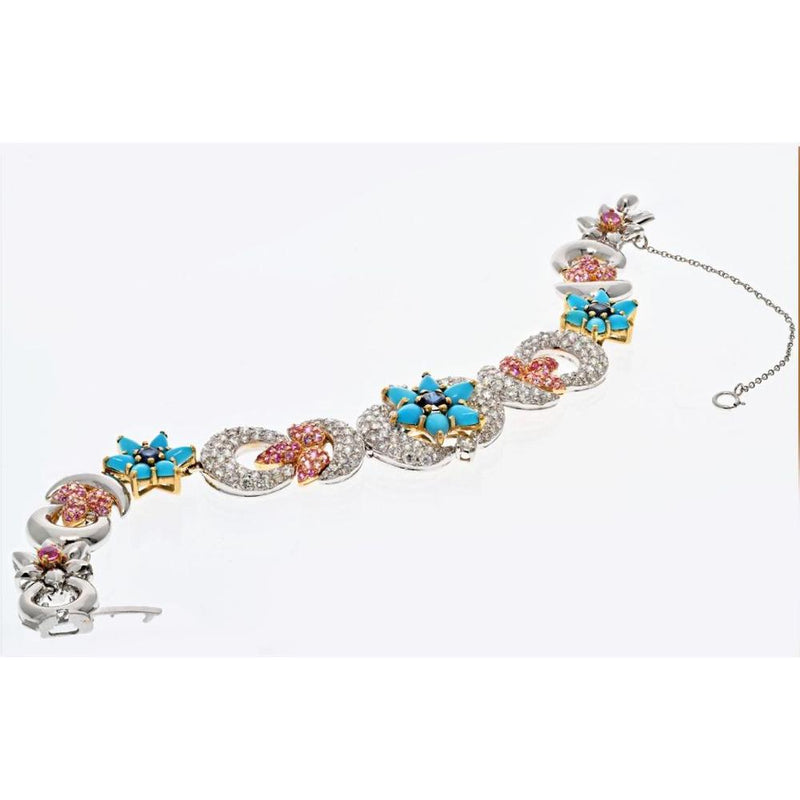 18K Two Tone Turquoise Diamond Flower Moon Bracelet - Exquisite Garden Elegance