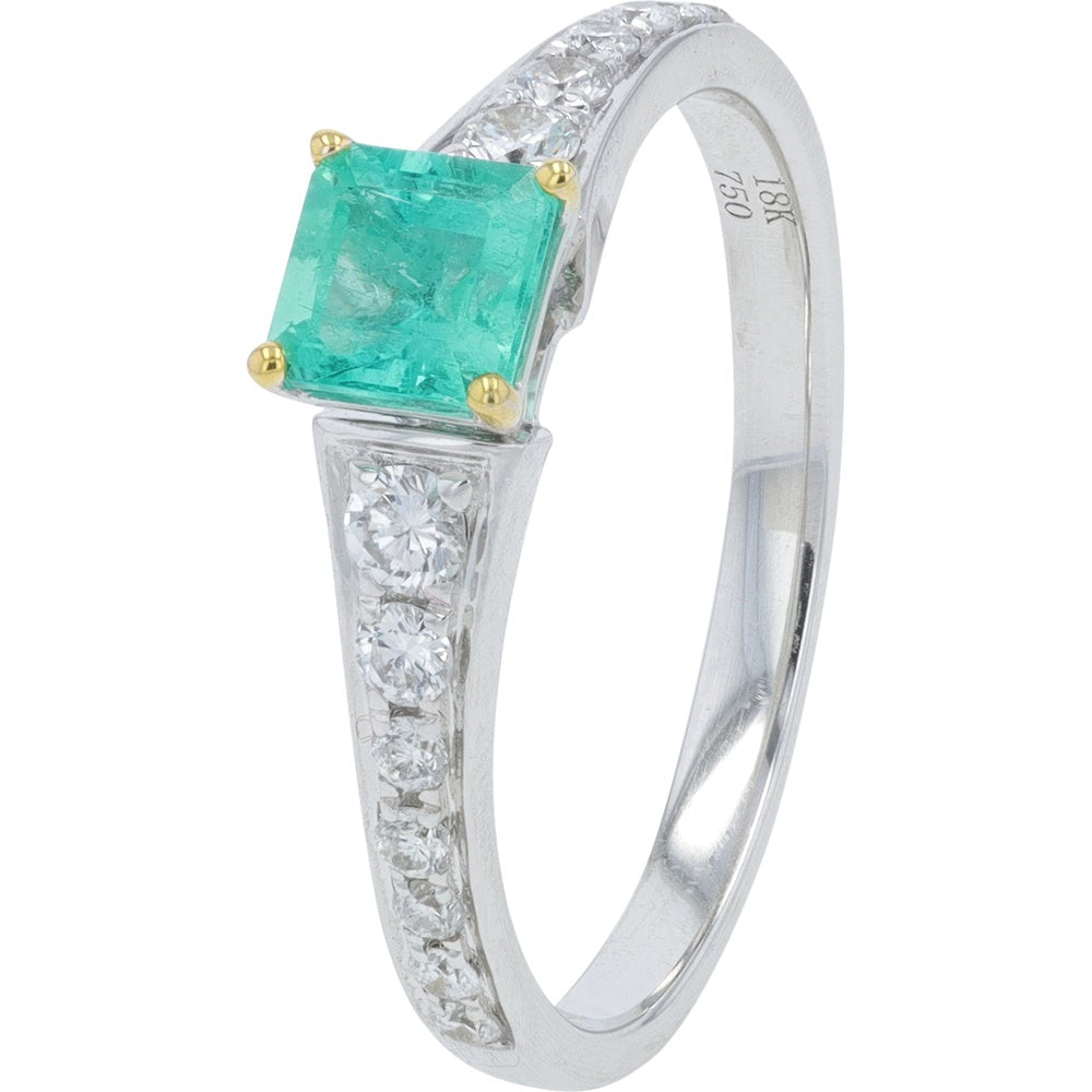 18K Two-Tone White and Yellow Gold Ring with Square-Cut Emerald and Round Diamond Accents - 0.43 Carat Emerald Total Weight, 0.27 Carat Diamond Total Weight