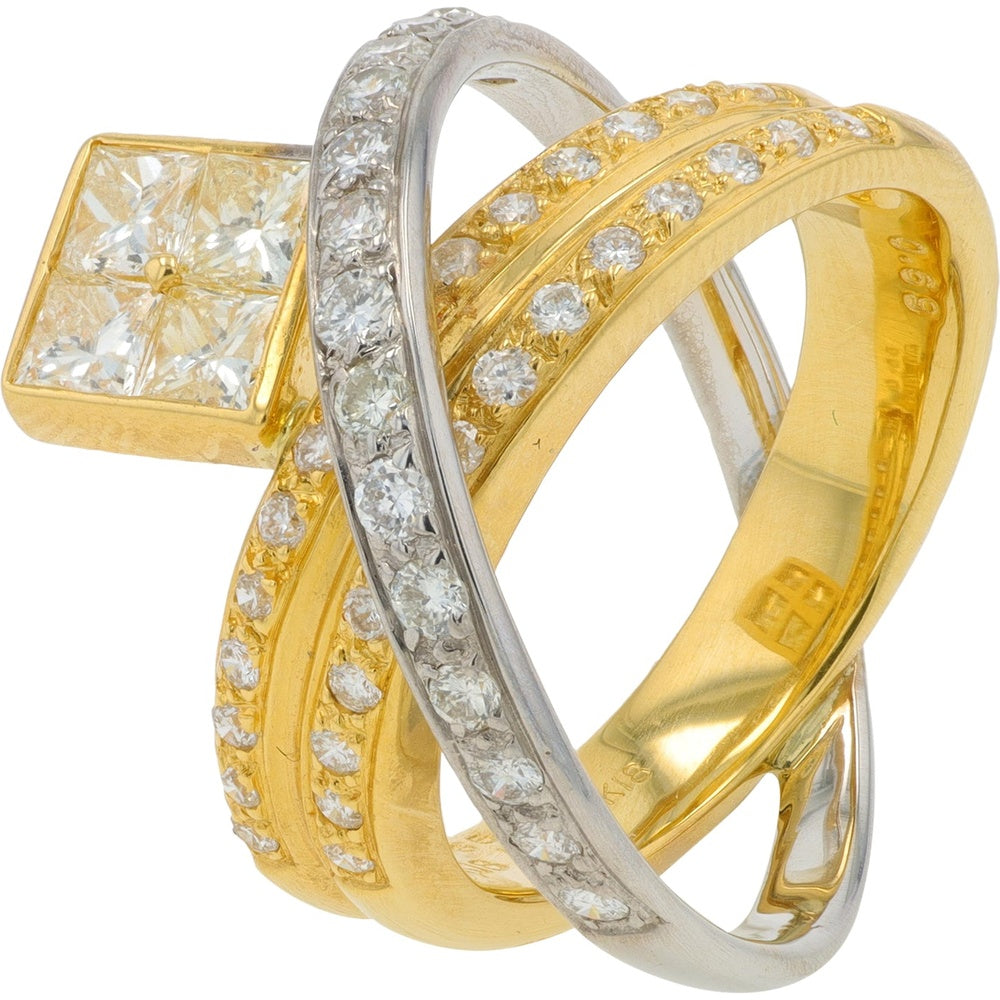 18K Two-Tone Yellow and White Gold Crossover Ring with Princess and Round Cut Diamonds - 1.34 Carat Total Diamond Weight