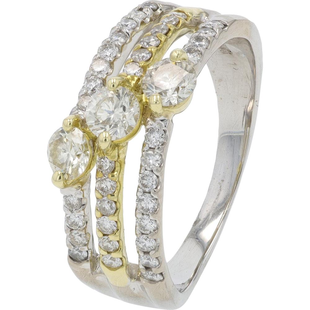 18K White and Yellow Gold 1.00 Carat Total Weight Three - Stone Diamond Ring with Pave Diamond Accents