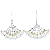 18K White & Yellow Gold Pearl Fan Drop Earrings - 3.6mm Pearls Total