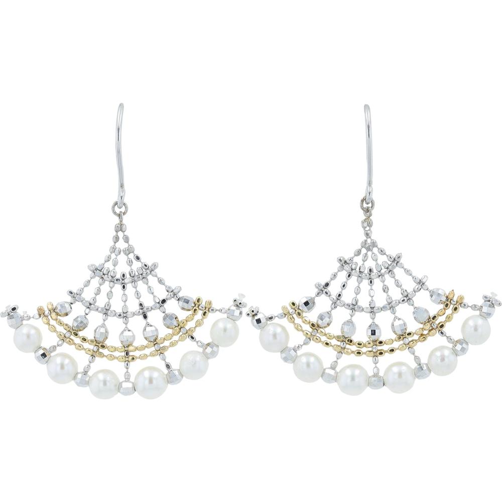 18K White & Yellow Gold Pearl Fan Drop Earrings - 3.6mm Pearls Total