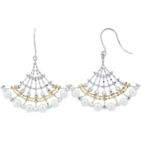 18K White & Yellow Gold Pearl Fan Drop Earrings - 3.6mm Pearls Total