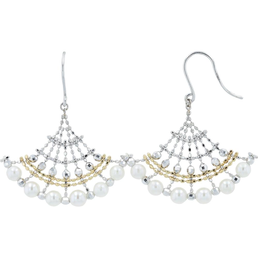18K White & Yellow Gold Pearl Fan Drop Earrings - 3.6mm Pearls Total