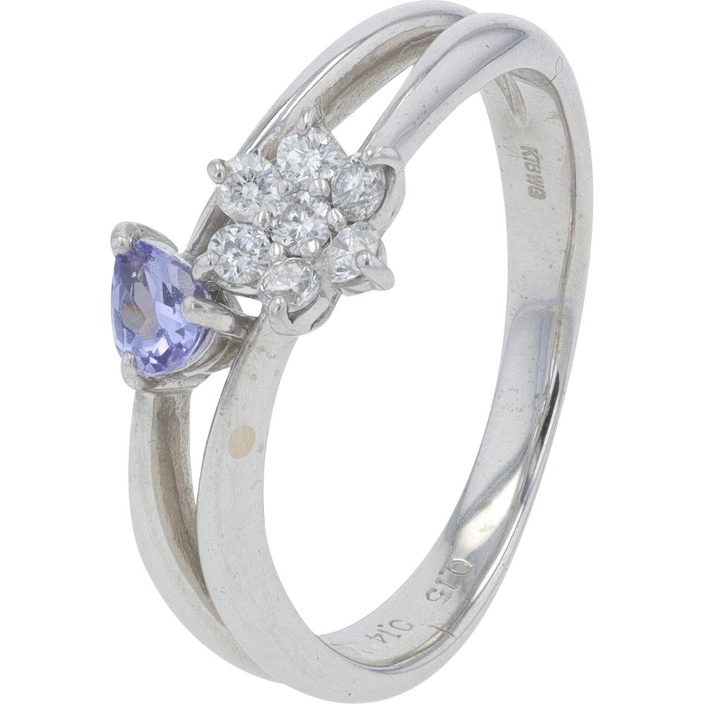 18K White Gold 0.15 Carat Pear Tanzanite Ring with 0.14 Carat Diamond Floral Accents