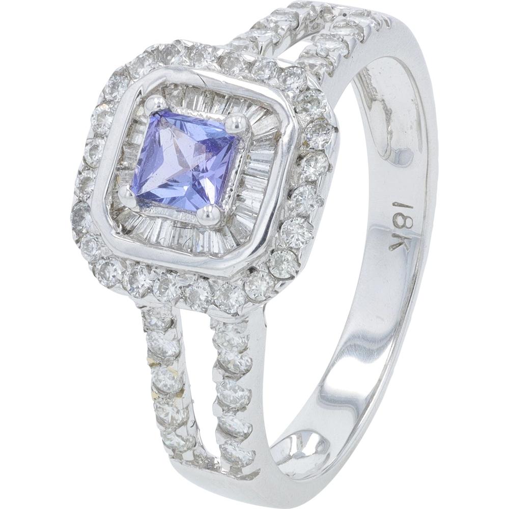 18K White Gold 0.30 Carat Tanzanite Ring with Diamond Halo - 0.55 Carat Total Diamond Weight