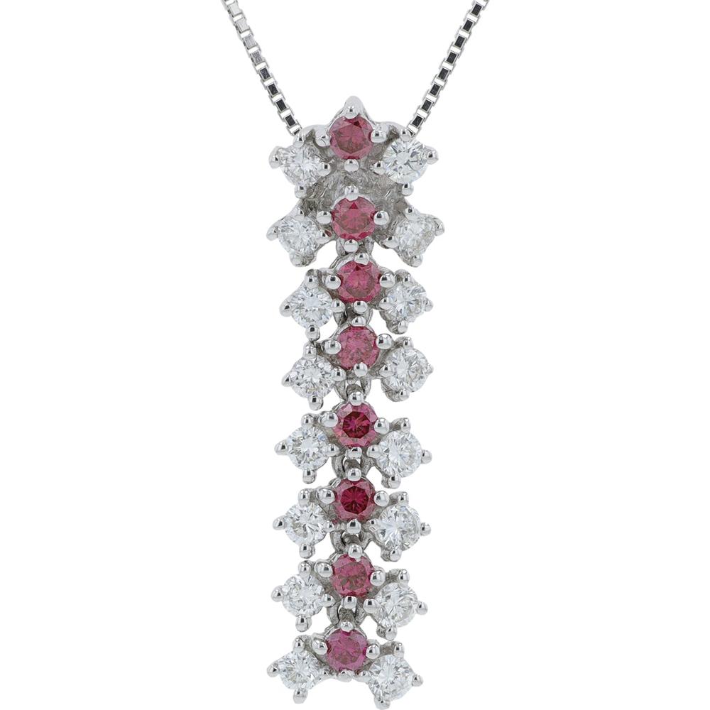18K White Gold 0.34 Carat Pink Sapphire Pendant with 0.66 Carat Round Diamonds - Elegant Vertical Design