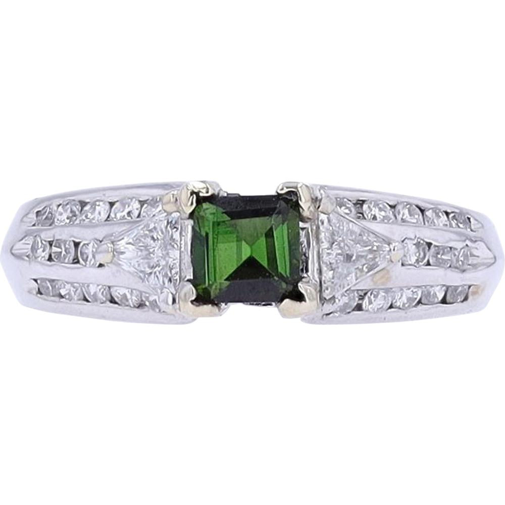 18K White Gold 0.49 Carat Green Tourmaline Ring with 1/2 Carat Diamond Accents