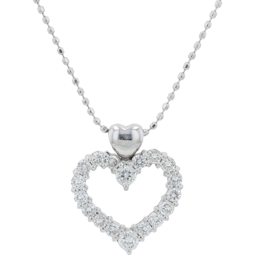 18K White Gold 0.50 Carat Total Diamond Open Heart Pendant Necklace - Prong Set Round Diamonds