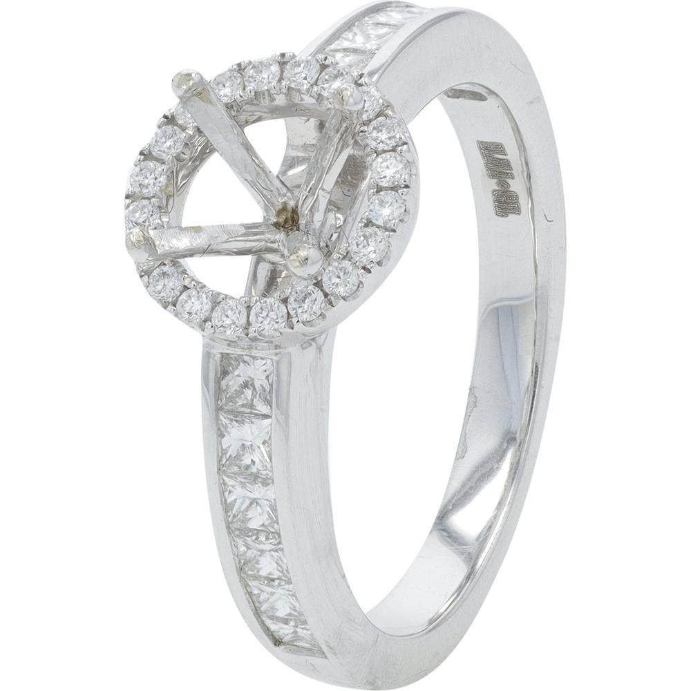 18K White Gold 0.64 Carat Diamond Halo Semi - Mount Ring with Channel - Set Princess Cut Diamonds