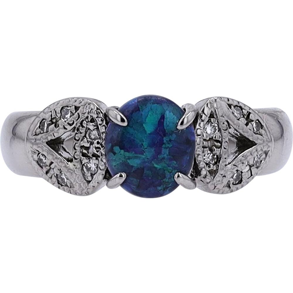 18K White Gold 0.76 Carat Black Opal Ring with 0.08 Carat Diamond Accents