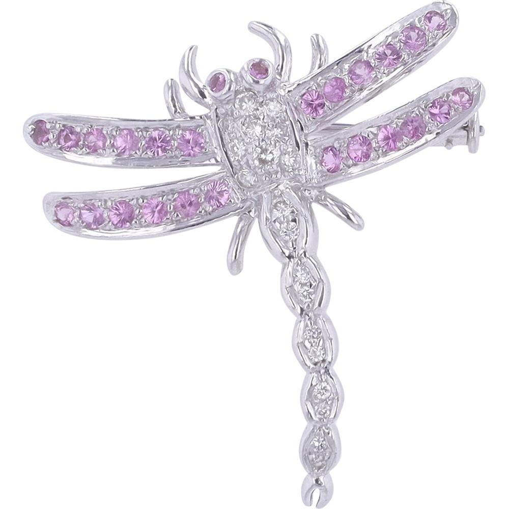 18K White Gold 0.91 Carat Pink Sapphire Dragonfly Brooch with 0.26 Carat Diamond Accents