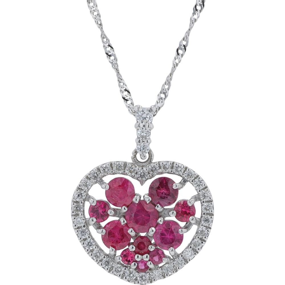 18K White Gold 0.94 Carat Ruby Heart Pendant with 0.23 Carat Diamond Halo