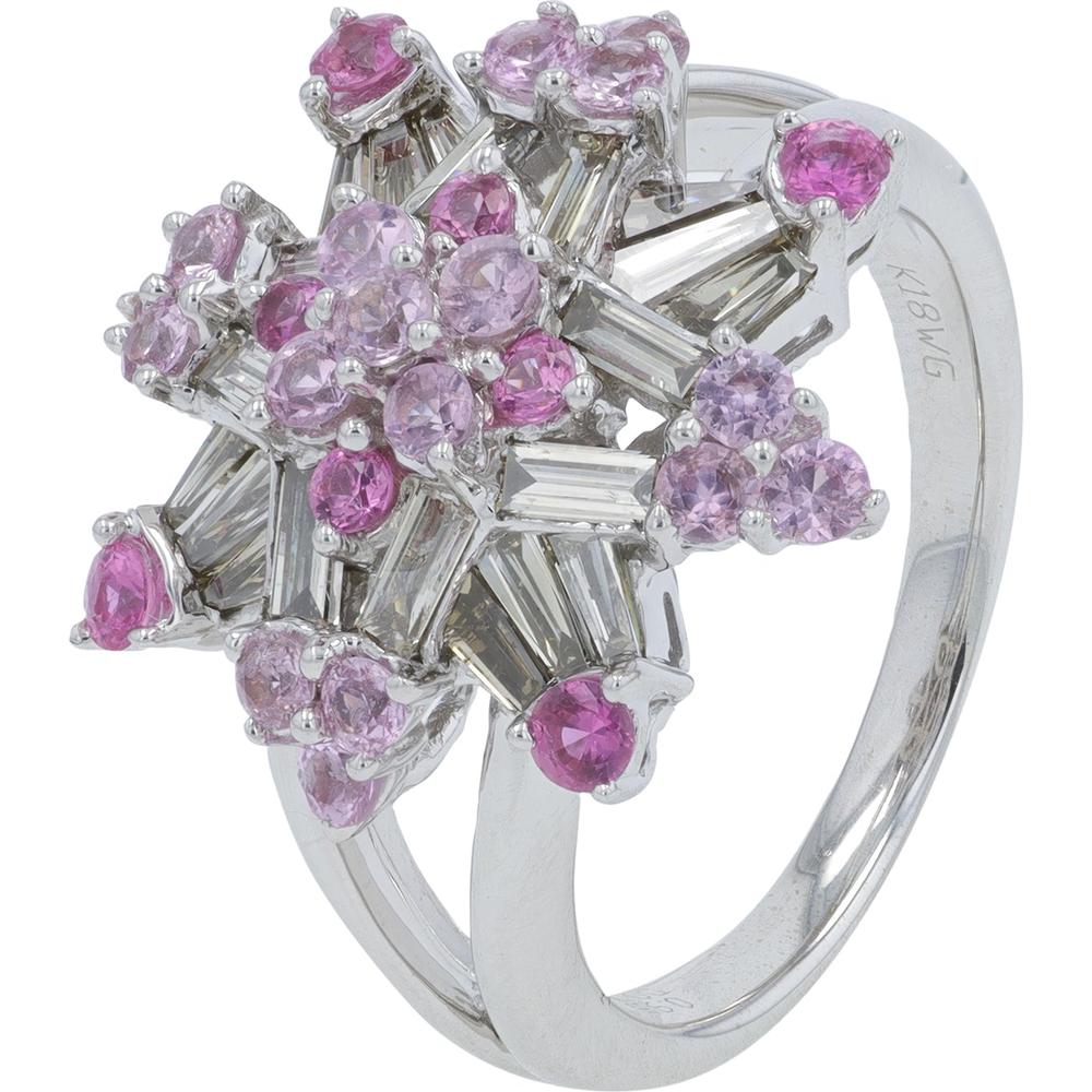 18K White Gold 0.95 Carat Pink Sapphire Floral Ring with 0.70 Carat Baguette Diamonds