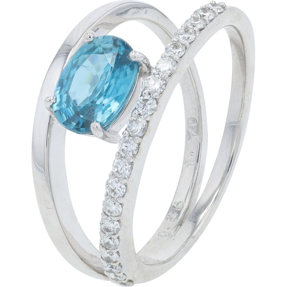 18K White Gold 1.00 Carat Blue Zircon Split Ring with 0.26 Carat Diamond Accents