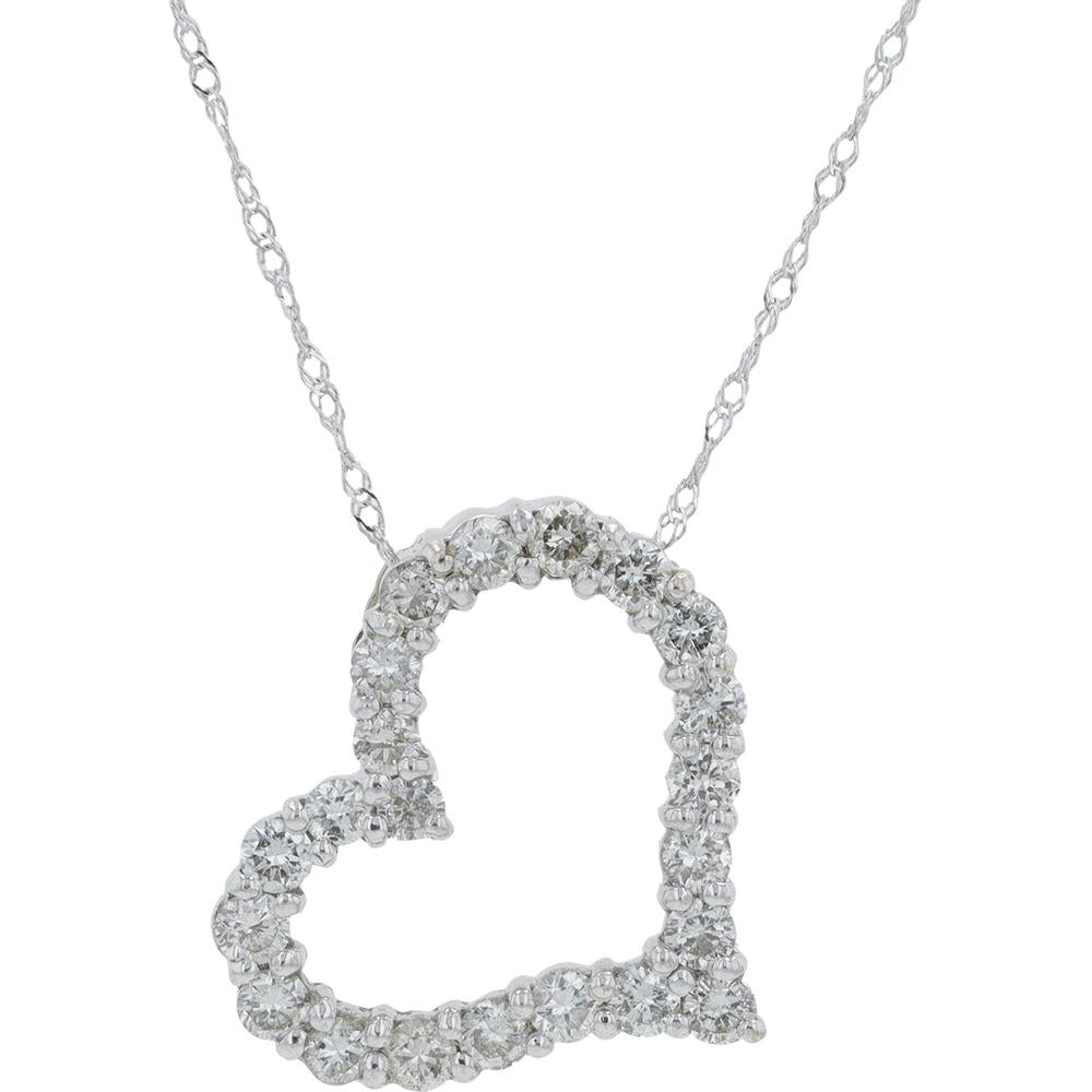 18K White Gold 1.00 Carat Diamond Open Heart Pendant Necklace - 18" Chain