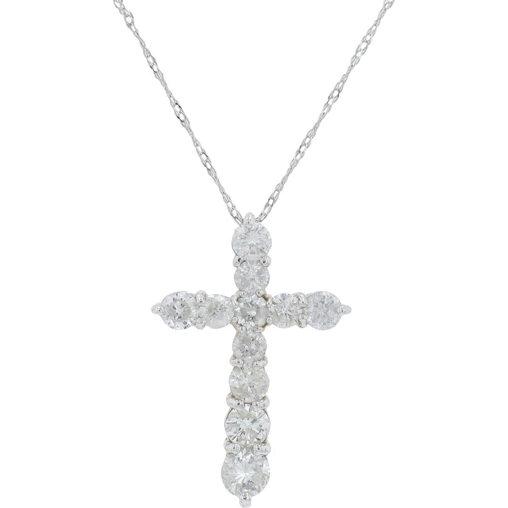 18K White Gold 1.00 Carat Total Diamond Cross Pendant Necklace - Round Brilliant Prong Set