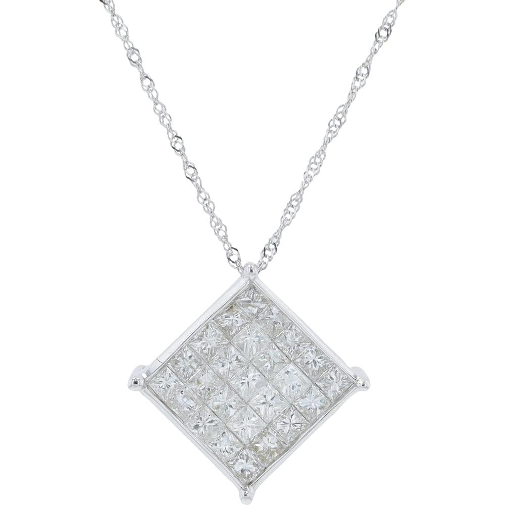 18K White Gold 1.00 Carat Total Diamond Square Pendant Necklace - Princess Cut Diamonds