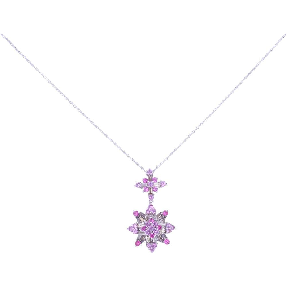 18K White Gold 1.20 Carat Total Weight Pink Sapphire Pendant with 0.90 Carat Baguette Diamonds - Starburst Design