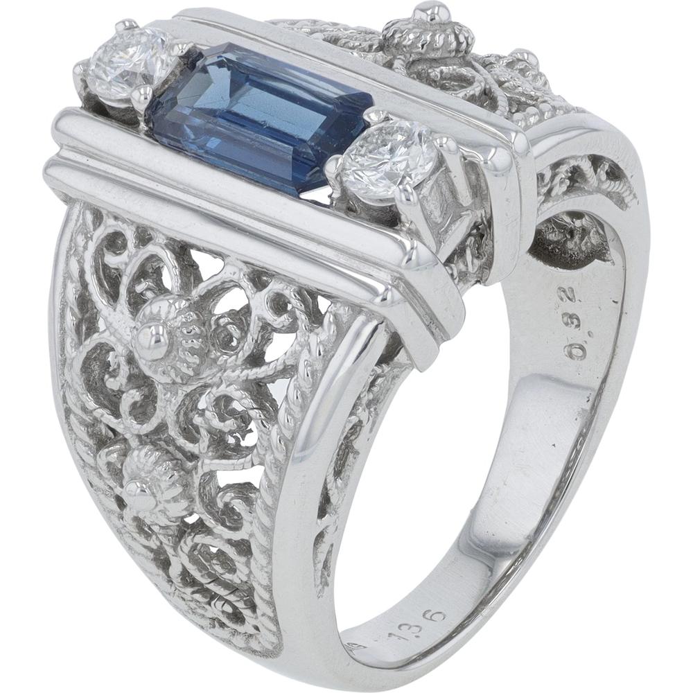 18K White Gold 1.36 Carat Sapphire Ring with 0.32 Carat Round Diamond Accents and Milgrain Detail