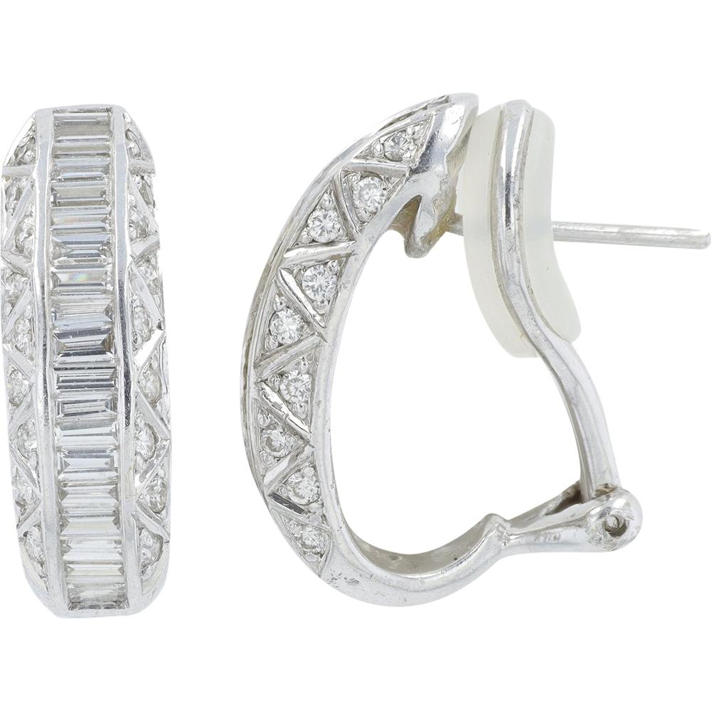 18K White Gold 1.40 Total Carat Weight Diamond J-Hoops with Baguette Cut Diamonds
