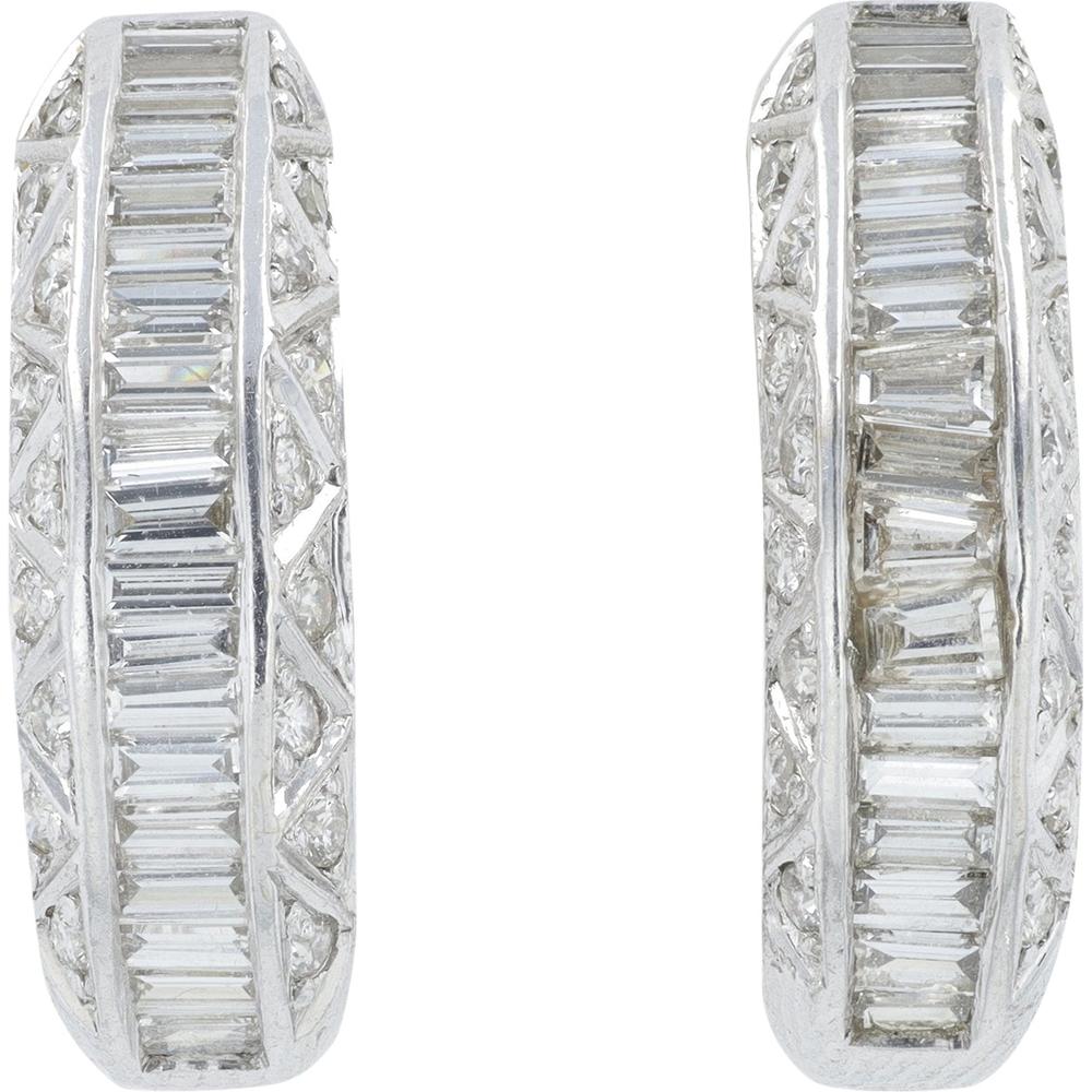 18K White Gold 1.40 Total Carat Weight Diamond J-Hoops with Baguette Cut Diamonds
