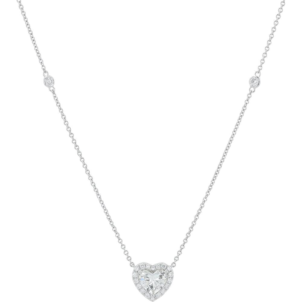 18K White Gold 1.48 Carat Diamond Heart Necklace with Halo - Set Diamonds - 1.07 Carat Total Diamond Weight