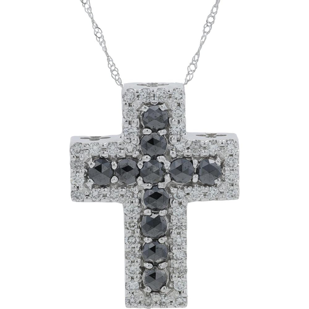 18K White Gold 1.50 Carat Total Diamond Cross Pendant with Black and White Diamonds