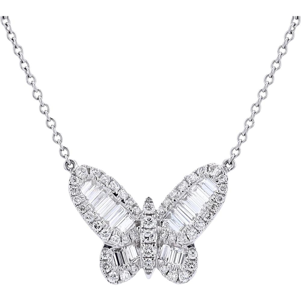 18K White Gold 1.50 Carat Total Weight Diamond Butterfly Necklace - Baguette and Round Diamonds