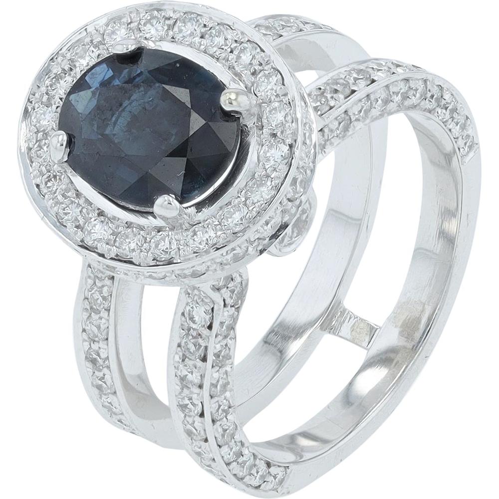 18K White Gold 1.68 Carat Sapphire and Diamond Halo Ring - 1.50 Carat Total Diamond Weight