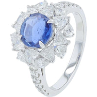 18K White Gold 1.82 Carat No Heat Sri Lanka Ceylon Sapphire Halo Ring with 1.27 Carats of Triangle Diamonds