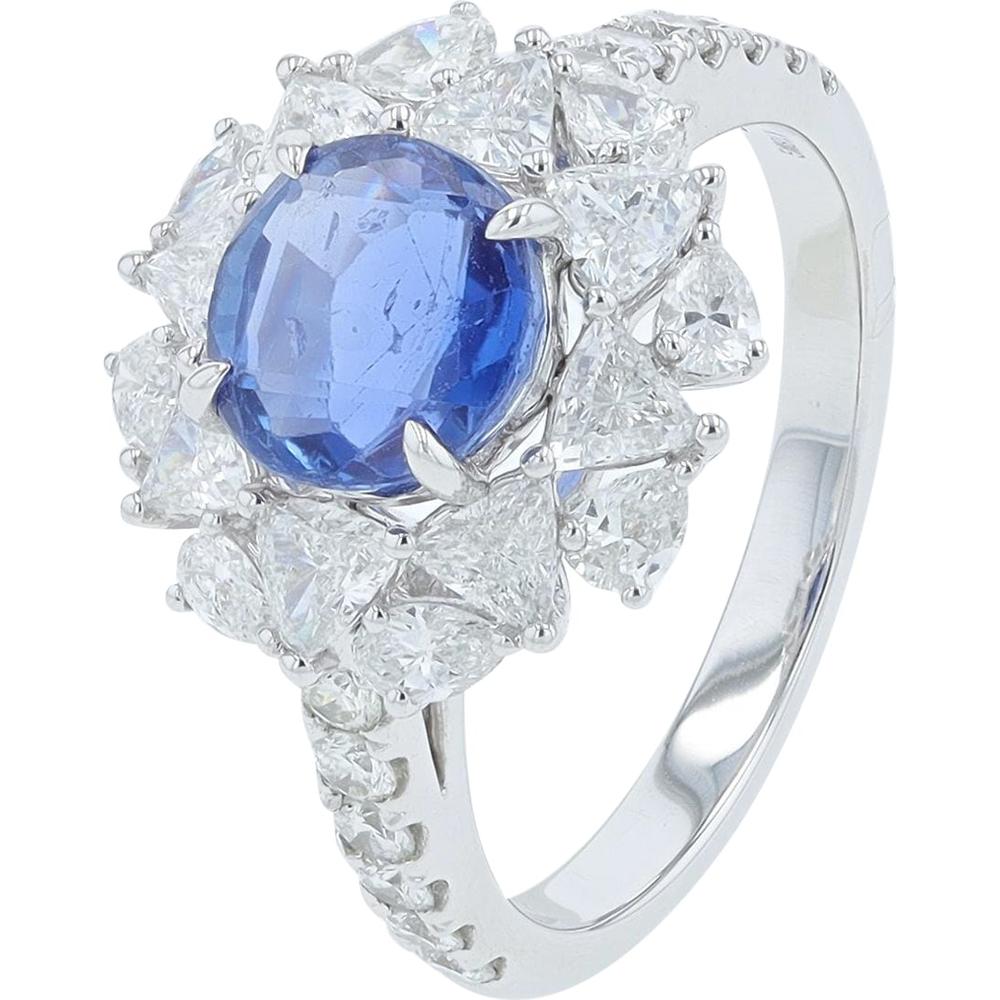 18K White Gold 1.82 Carat No Heat Sri Lanka Ceylon Sapphire Halo Ring with 1.27 Carats of Triangle Diamonds