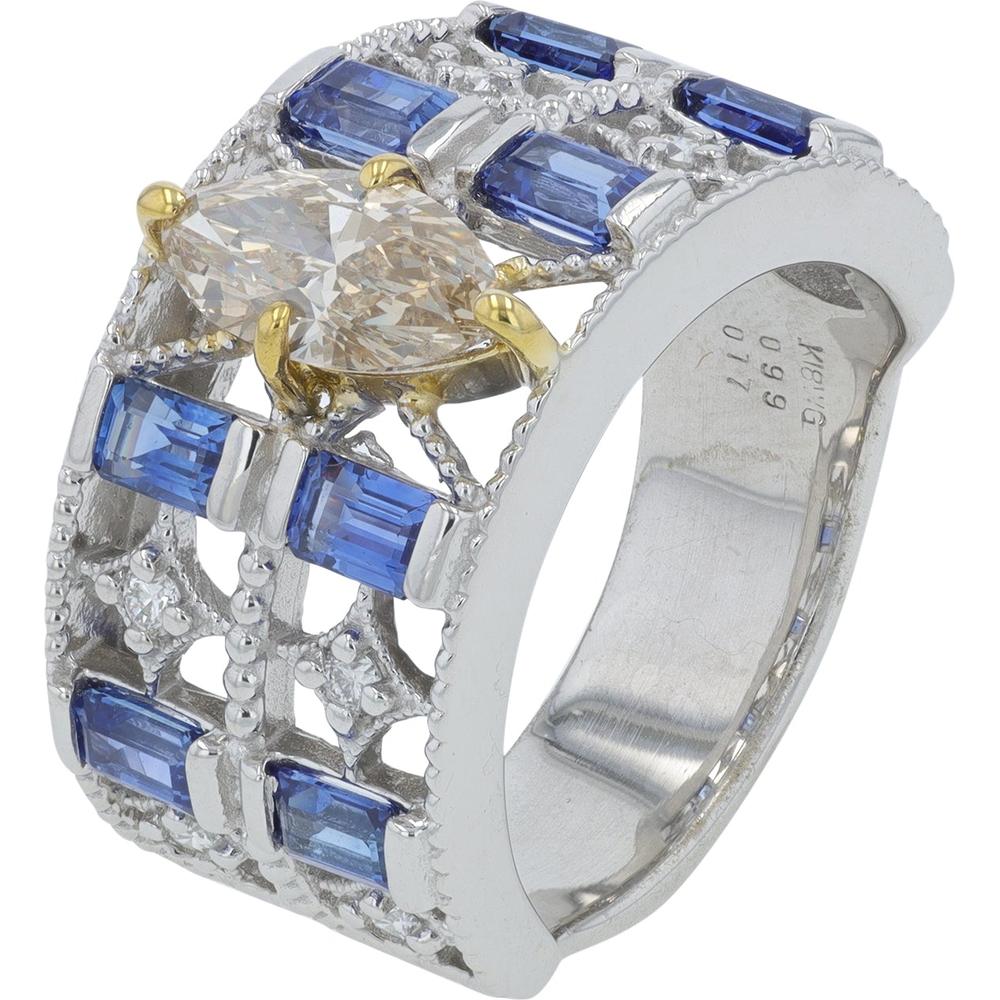 18K White Gold 1.84 Carat Total Weight Sapphire Ring with Marquise Diamonds - 0.99 Carat Total Diamond Weight